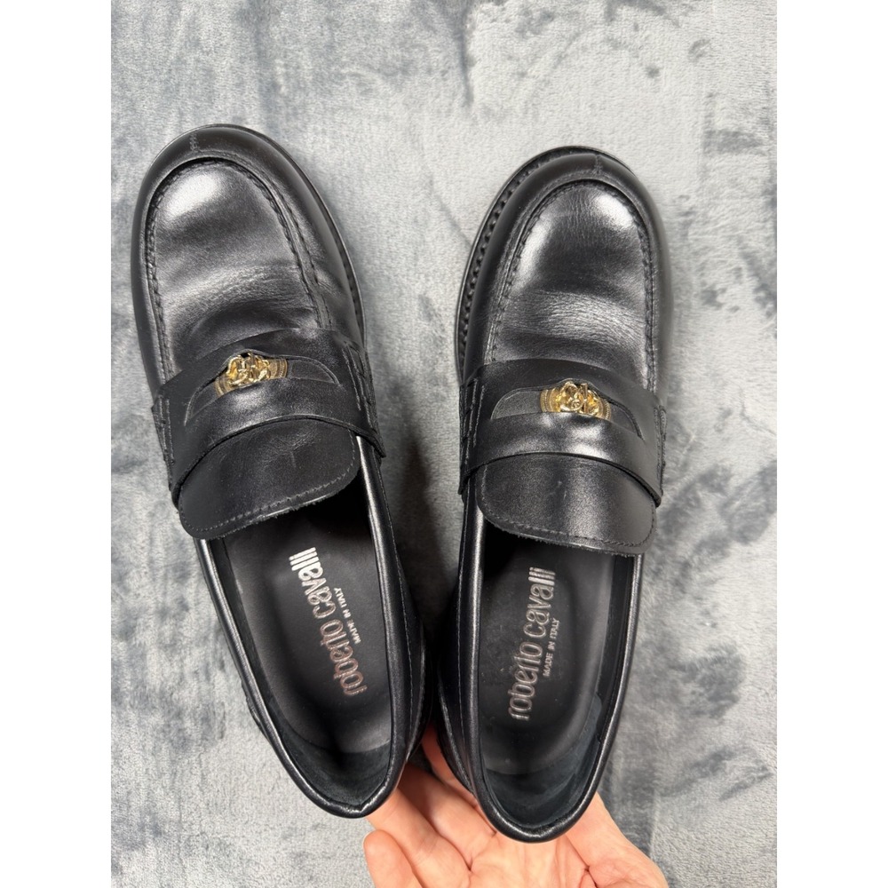 Roberto Cavalli Women 38.5 Black Leather Loafers Gold Logo Made in Italy - Picture 6 of 13